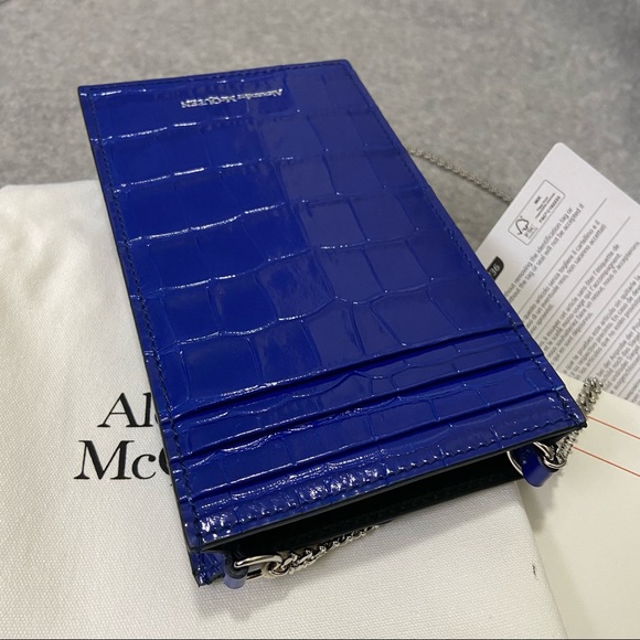 SOLD NWT $690 Alexander McQueen Skull Croc Leather Phone Bag Royal Blue - Picture 11 of 16